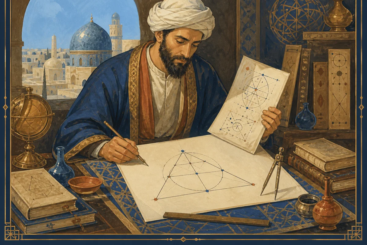 A geometer constructing decagonal star polygons with ruler and compass.