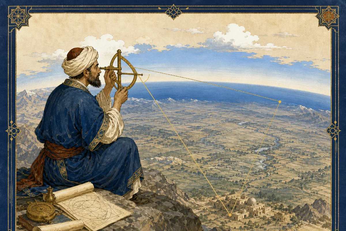 Astronomers using planispheric astrolabes and quadrants beneath the night sky.
