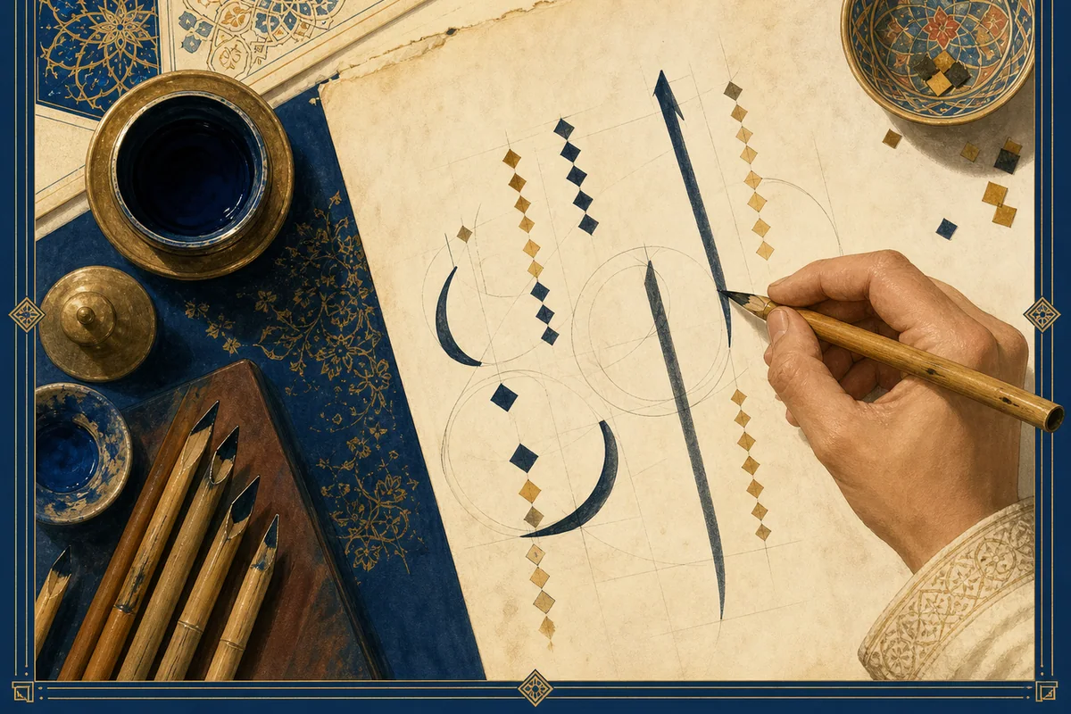 A calligrapher measuring Arabic letters with the rhombic dot (nuqta) and standard circle.