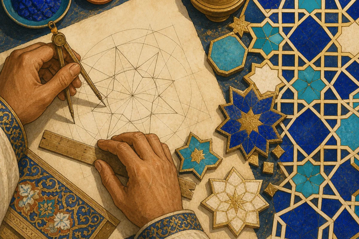 Artisans composing glazed tiles and timber armaduras de lazo.