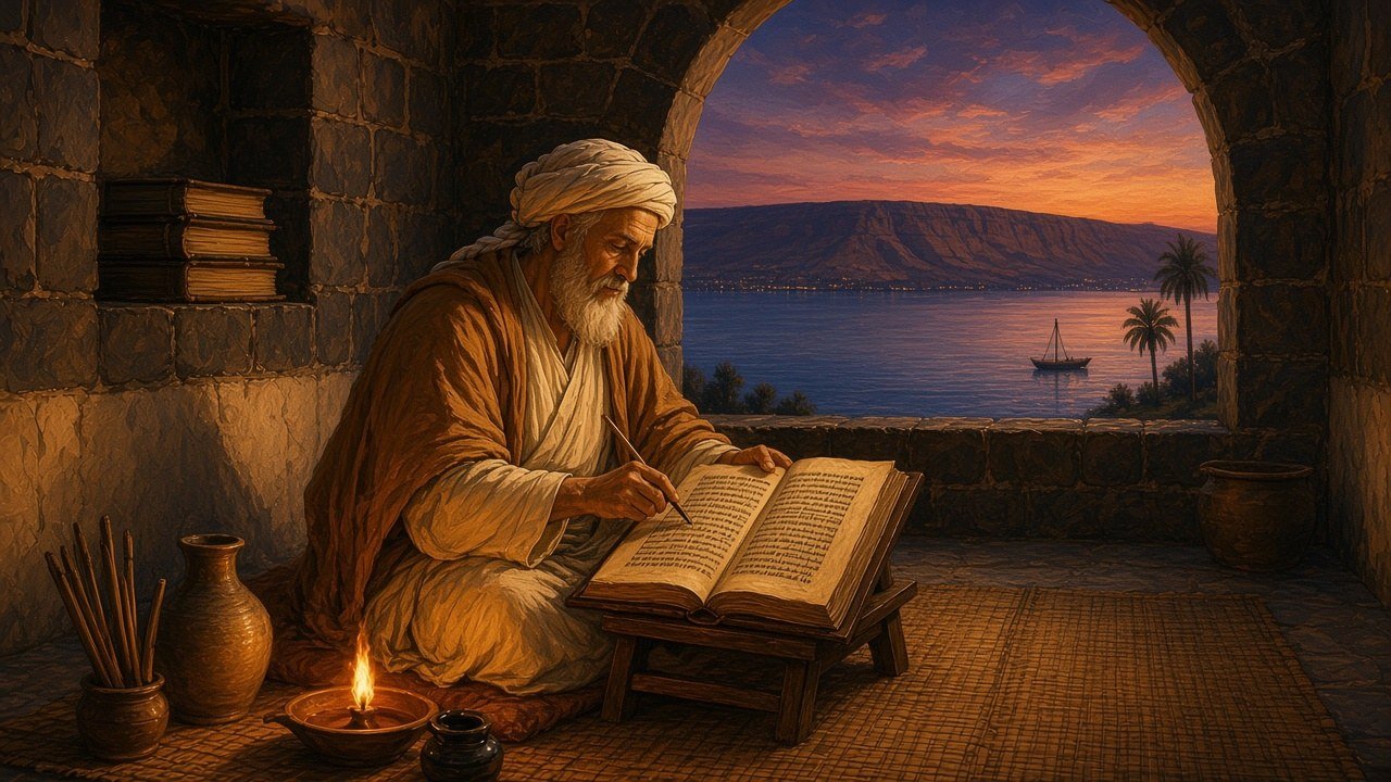 a Masorete at Tiberias adding vowel points and marginal notes to a codex of the twenty-four books.