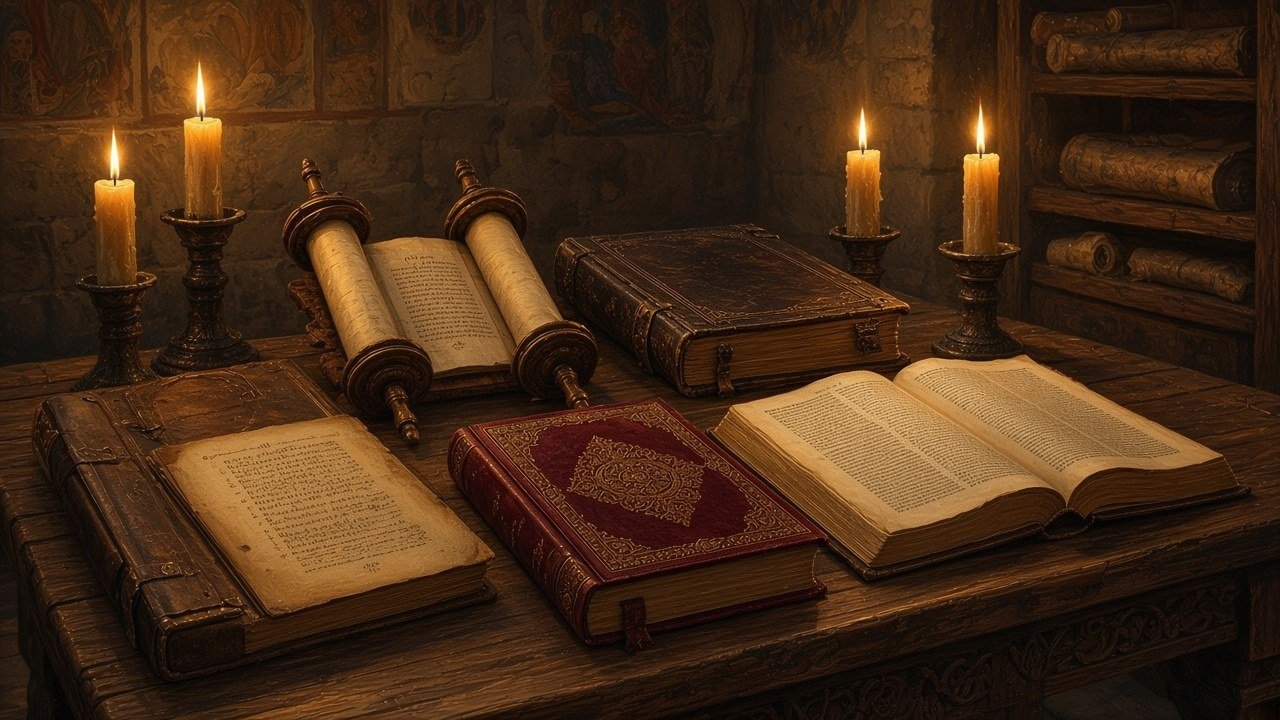 Bibles of several traditions: a Torah scroll, Latin and printed Bibles, an Ethiopian manuscript and an Orthodox Gospel book.