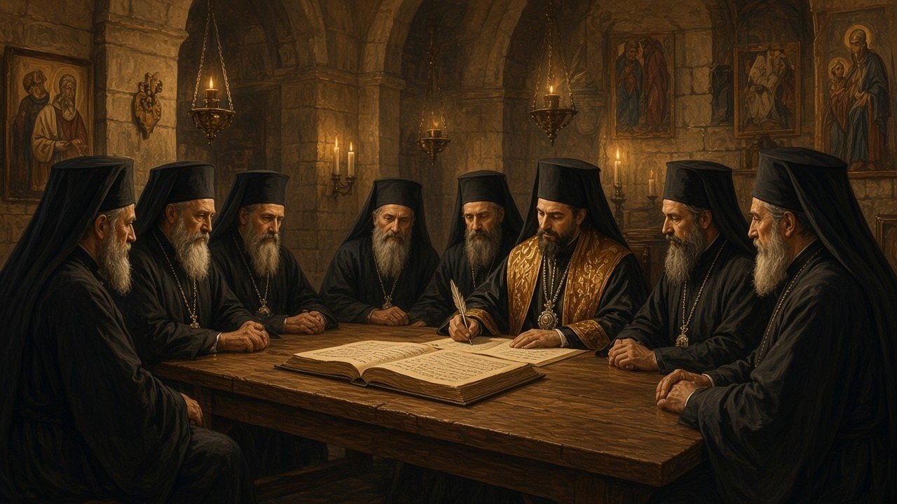 Patriarch Dositheos and Orthodox bishops at the Synod of Jerusalem in 1672, held in Bethlehem. The scene is an artistic reconstruction.