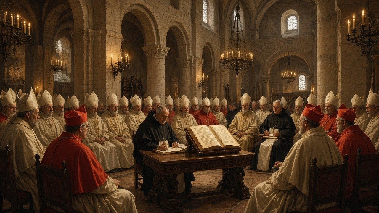 the fourth session of the Council of Trent, 8 April 1546, at which the council issued its decree on the canonical scriptures. The vestments and setting are an artistic reconstruction.
