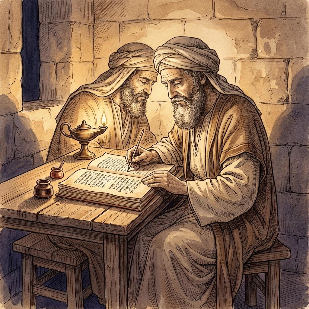 Masoretes pointing a Hebrew codex in Tiberias