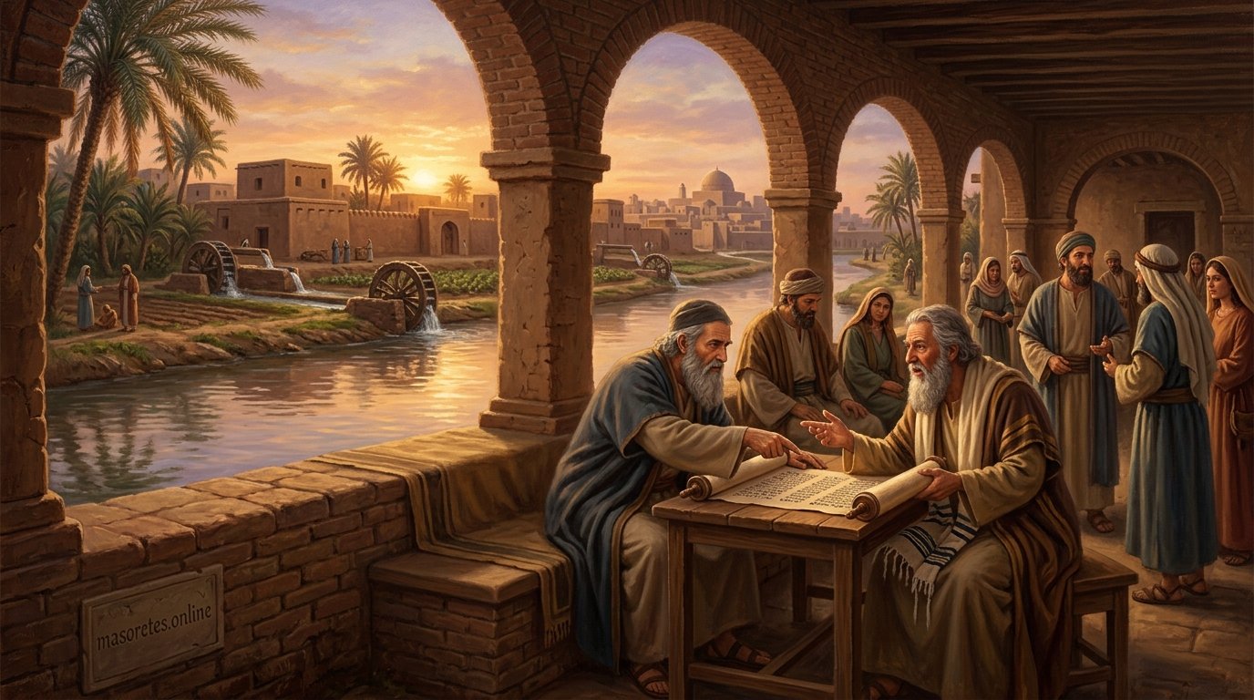 Sasanian-era Babylonian Jewish scholars debating legal traditions beside a Mesopotamian canal with date palms