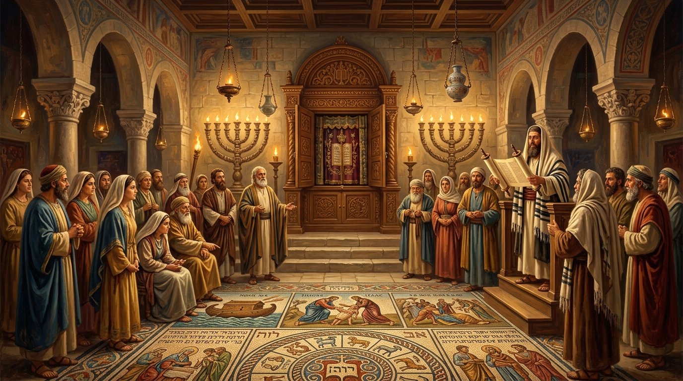 Inside a late antique synagogue with open Torah ark, stone menorahs, and biblical mosaic floor