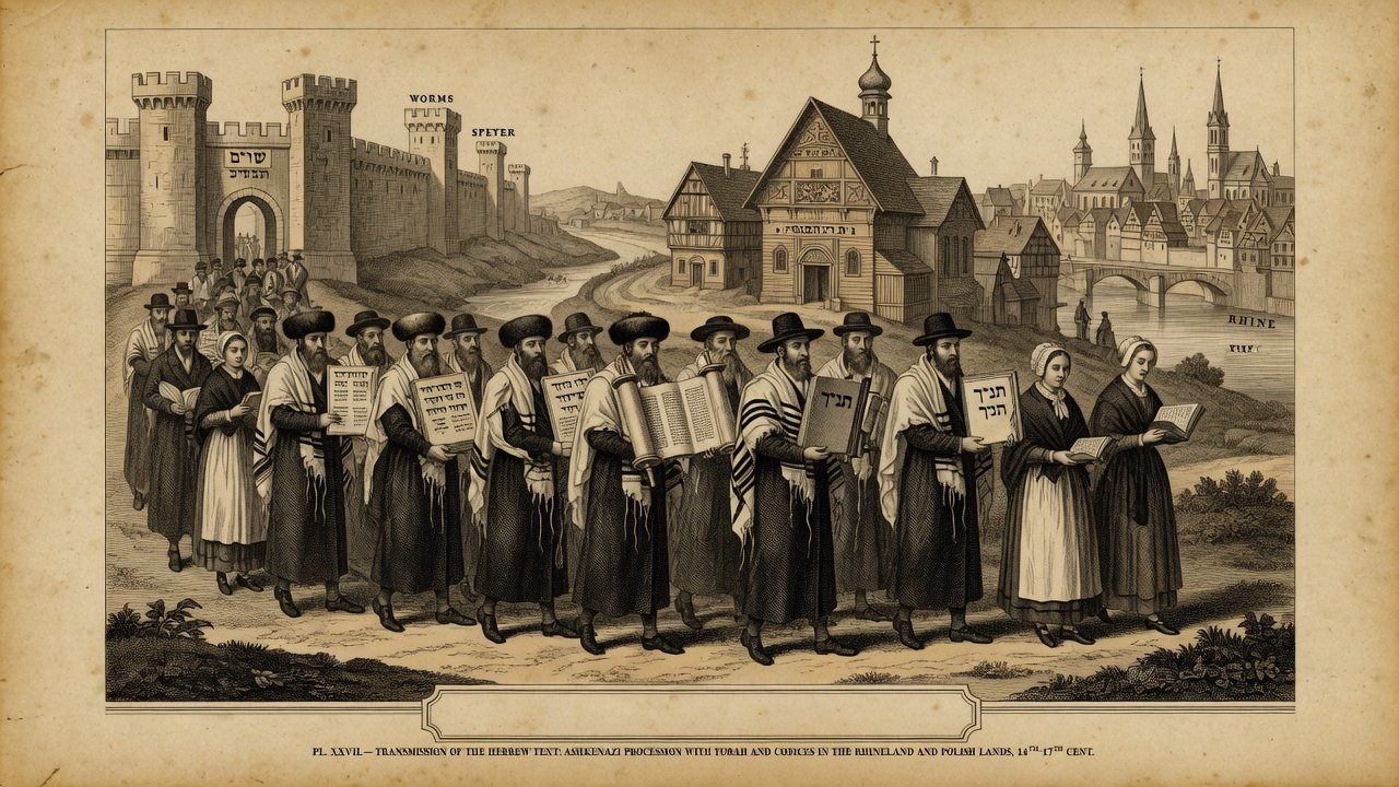 Original illustration: Ashkenazi scholars and communities carrying Hebrew Bibles and Torah scrolls across Rhineland and Eastern European manuscript routes