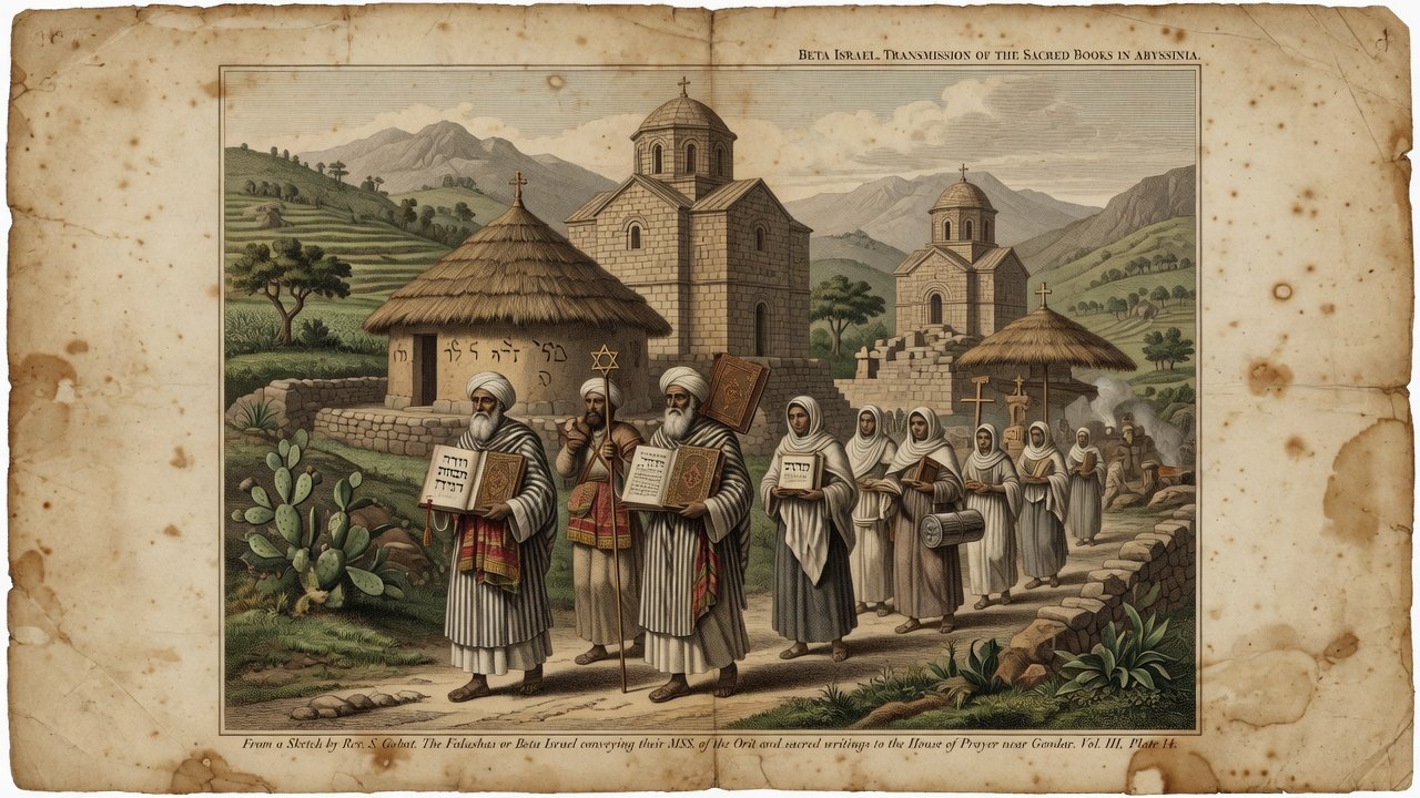 Original illustration: Beta Israel community with sacred books in the Ethiopian highlands