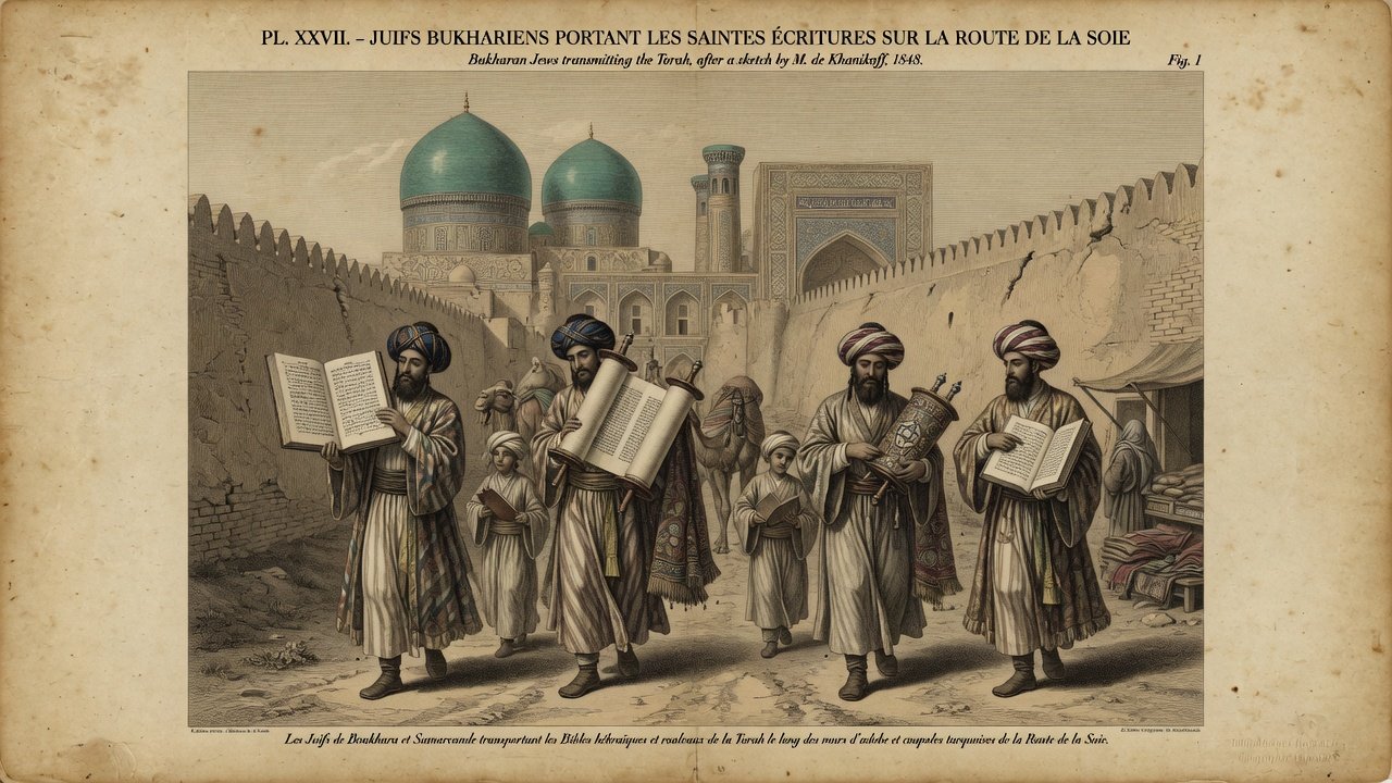 Original illustration: Bukharan Jewish scholars with Hebrew Bibles on Silk Road city routes