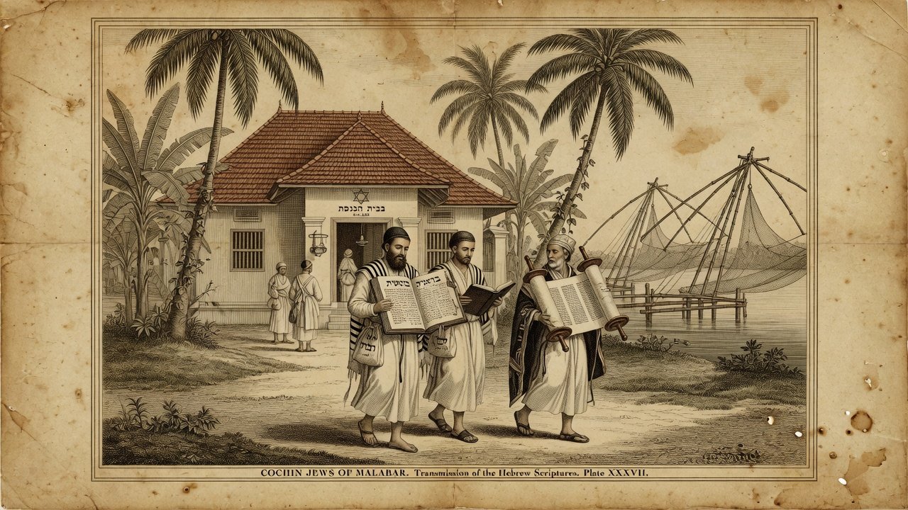 Original illustration: Cochin Jewish community with Torah scrolls in a Kerala setting