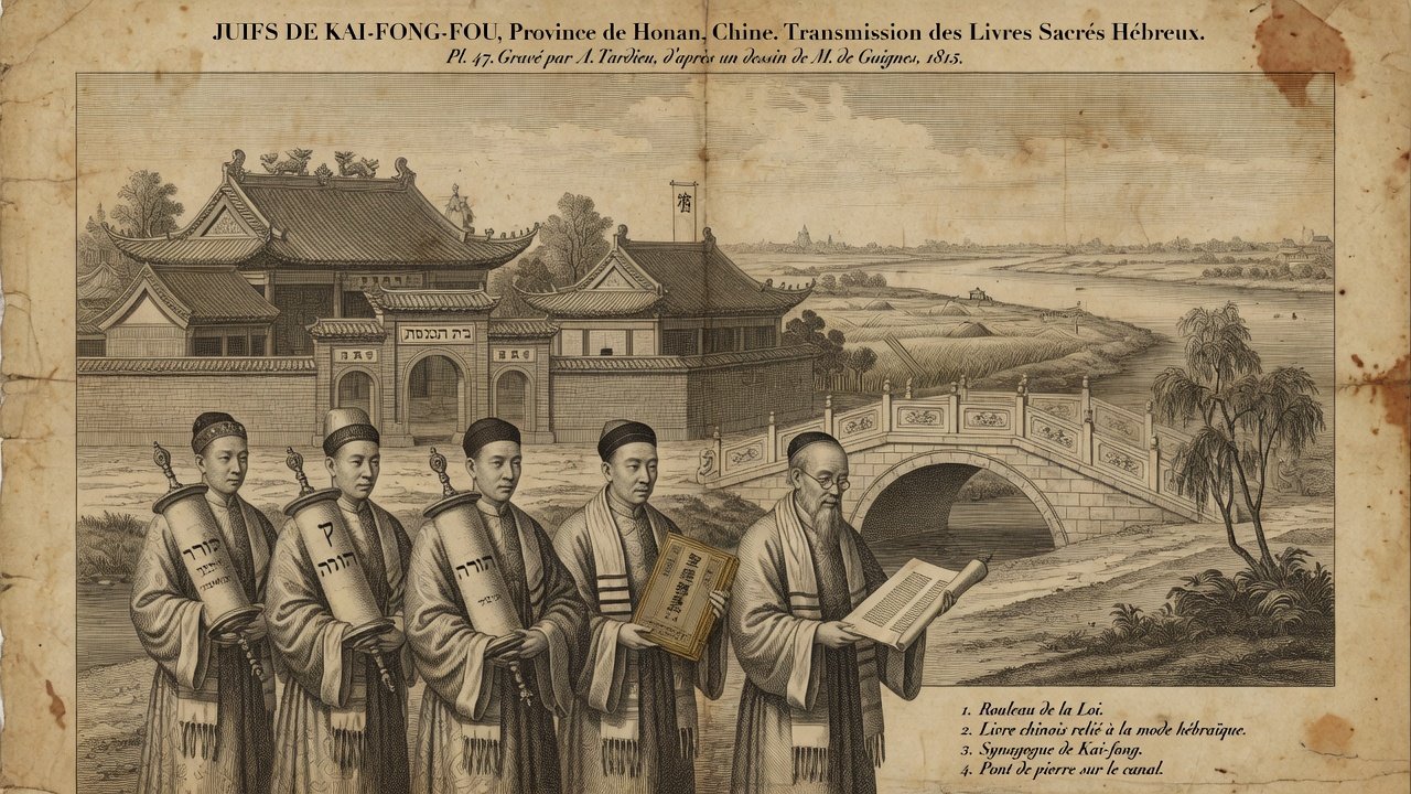 Original illustration: Kaifeng Jewish community with sacred books in a Chinese architectural setting