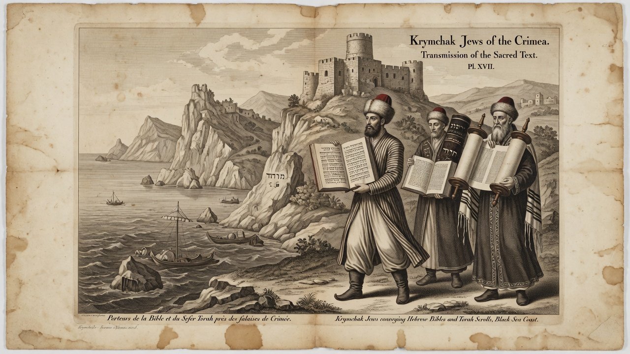 Original illustration: Krymchak Jewish community with Hebrew Bibles on the Crimean coast