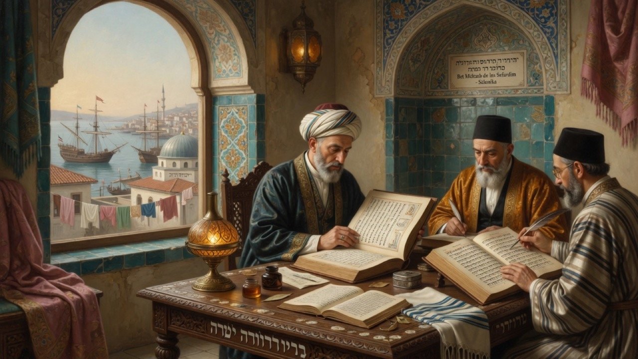 Original illustration: Sephardi scholars with Hebrew Bible and Ladino manuscripts in an Ottoman Mediterranean setting