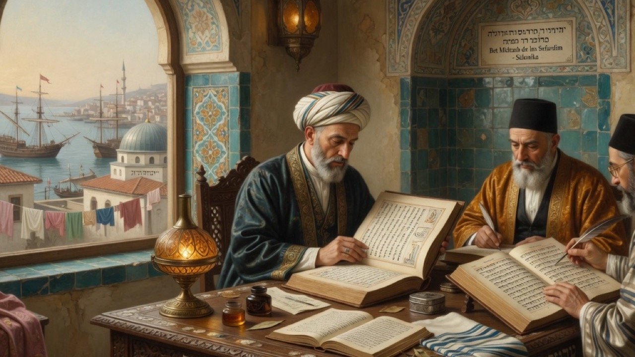 Original illustration: Judeo-Spanish Bible study with Hebrew and Ladino pages