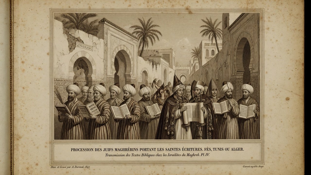 Original illustration: Maghrebi Jewish scholars carrying Hebrew Bibles across North African manuscript routes