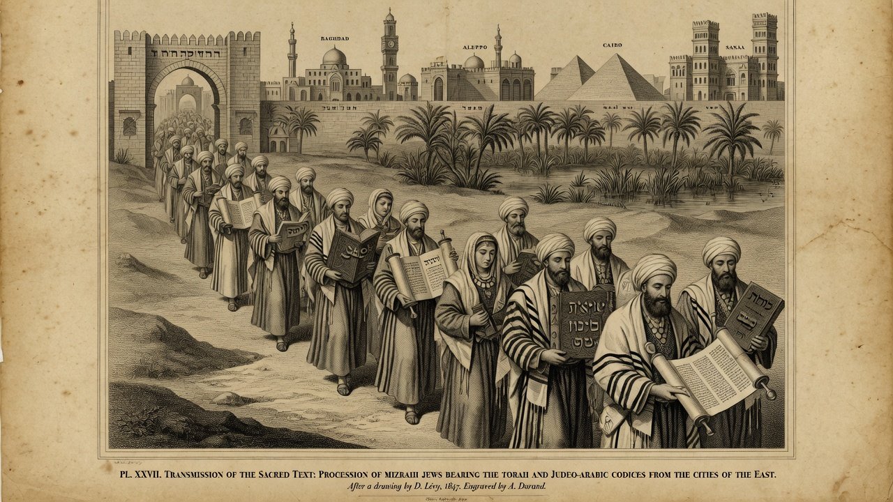 Original illustration: Mizrahi scholars and communities carrying Hebrew Bibles and Judeo-Arabic codices across Middle Eastern manuscript routes