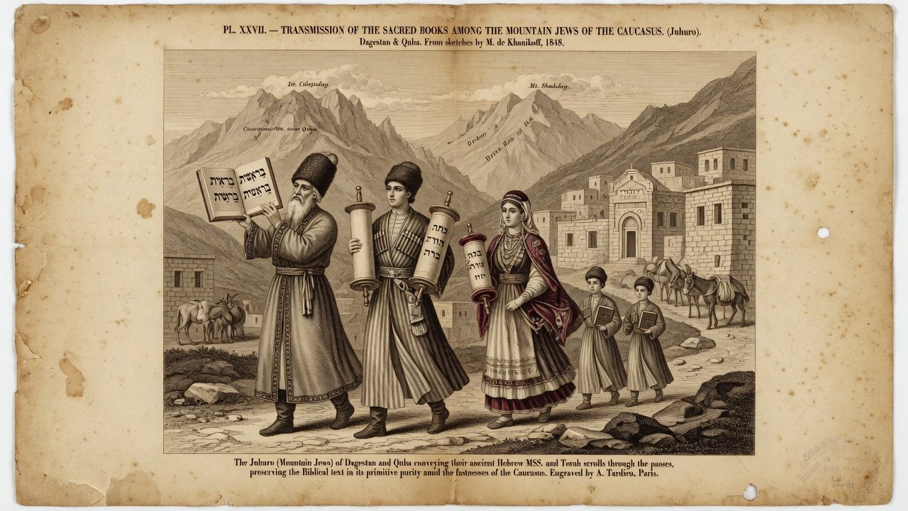Original illustration: Mountain Jews carrying Hebrew Bibles through Caucasus landscapes