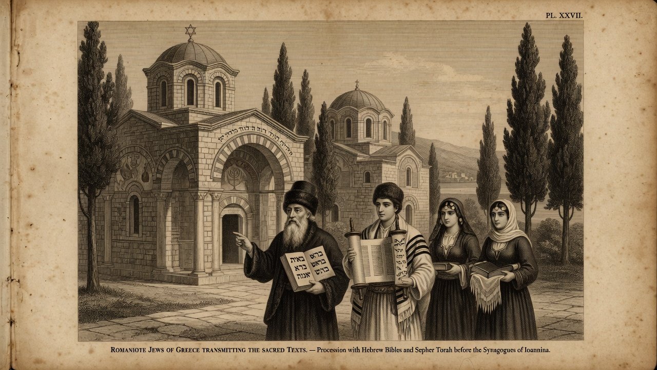 Original illustration: Romaniote Jewish scholars with Hebrew Bibles in a Greek Byzantine setting