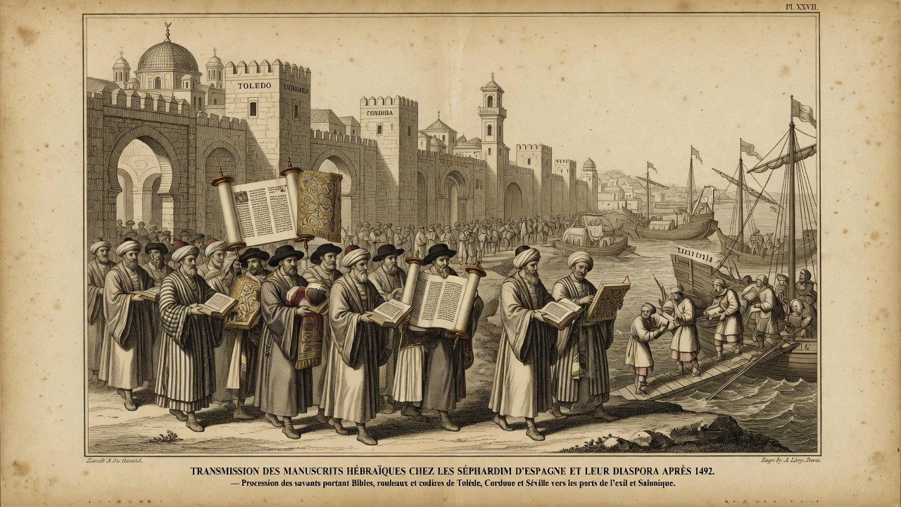 Original illustration: Sephardi scholars and communities carrying Hebrew Bibles and Iberian codices across Iberian and Mediterranean manuscript routes