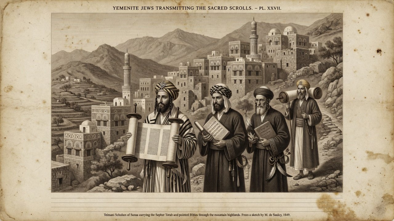 Original illustration: Yemenite Jewish scholars carrying Hebrew Torah scrolls and pointed Bibles