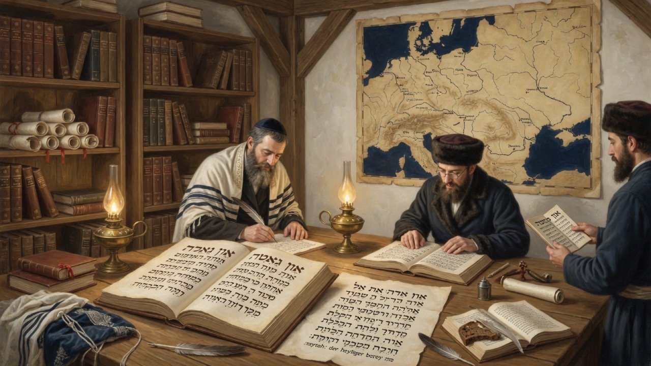 Original illustration: Ashkenazi study house with Hebrew Bible and Yiddish manuscripts under oil lamps