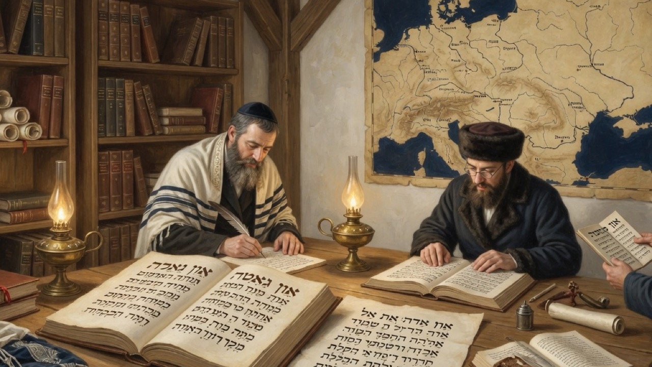 Original illustration: close study of Hebrew and Yiddish biblical pages