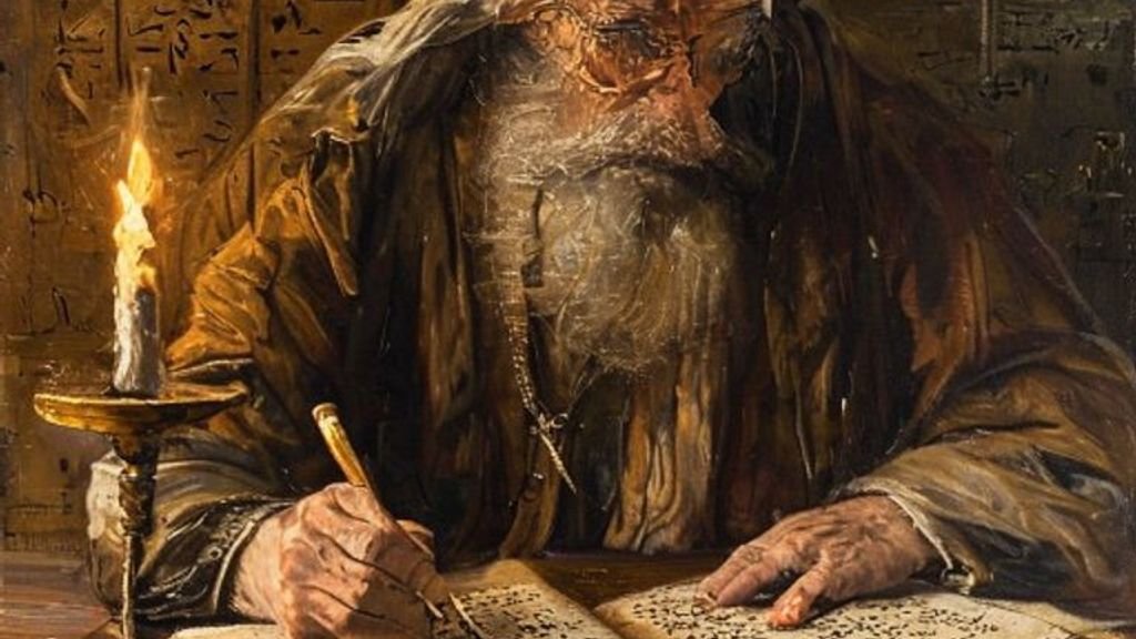 Medieval Hebrew grammarian writing a pointed biblical manuscript by candlelight