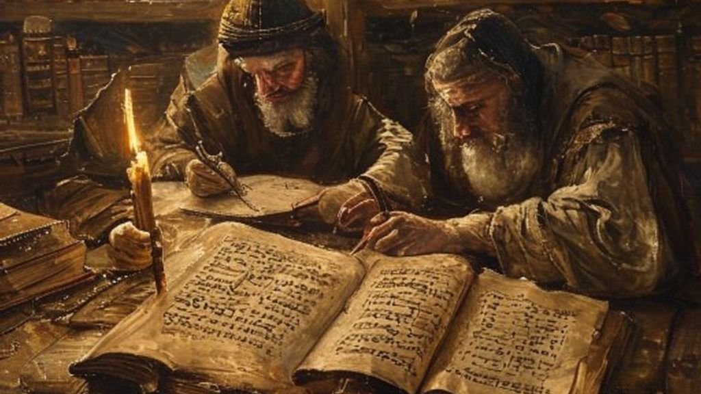 Medieval Jewish scholars studying an open pointed Hebrew Bible manuscript by candlelight