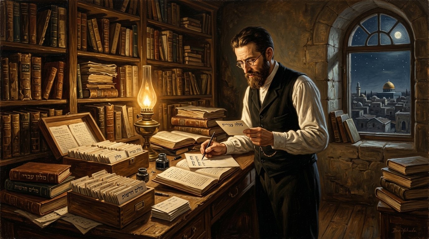 Fine-art academic oil painting of Eliezer Ben-Yehuda standing late at night at his tall drafting desk in his book-lined Jerusalem library compiling the 16-volume Complete Dictionary of Ancient and Modern Hebrew