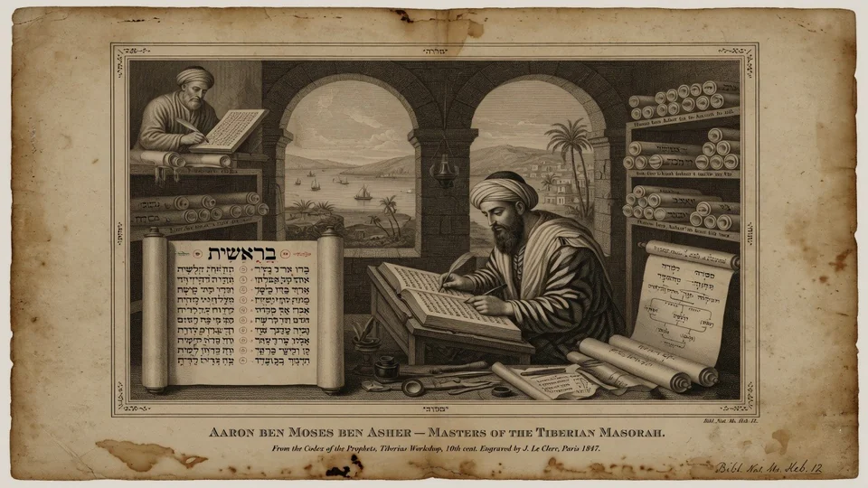 Original illustration: Aaron ben Moses ben Asher adding vowels and Masorah to a Hebrew Bible codex in Tiberias