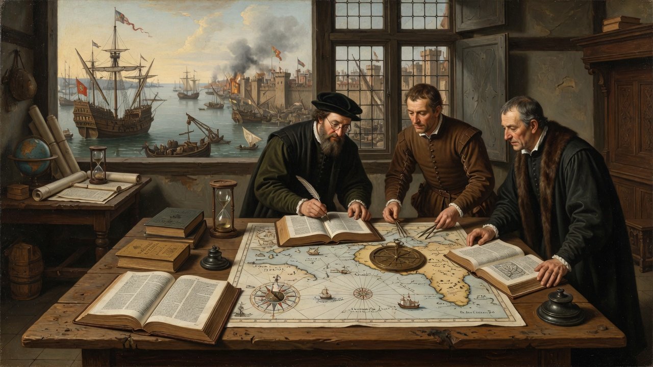 Oil painting of Age of Discovery scholars with polyglot Bible, printed books, and nautical chart by a harbour window