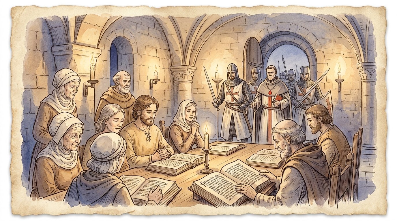 The Albigensian Crusade: Unarmed Cathar believers holding open manuscript Gospels confronted by armed crusader knights under a papal legate