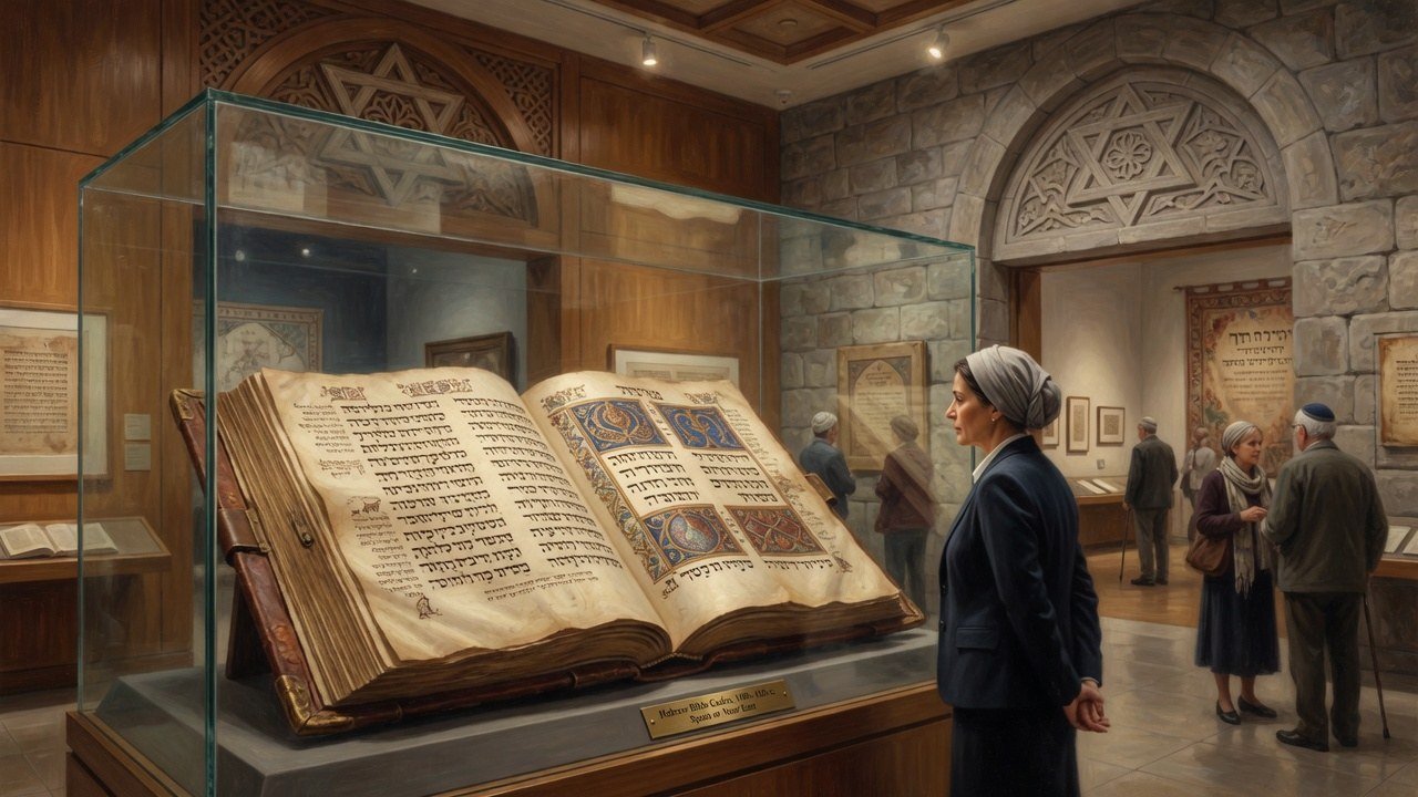 Museum gallery with a large open medieval Hebrew Bible codex in a glass case, suggesting public stewardship of Codex Sassoon