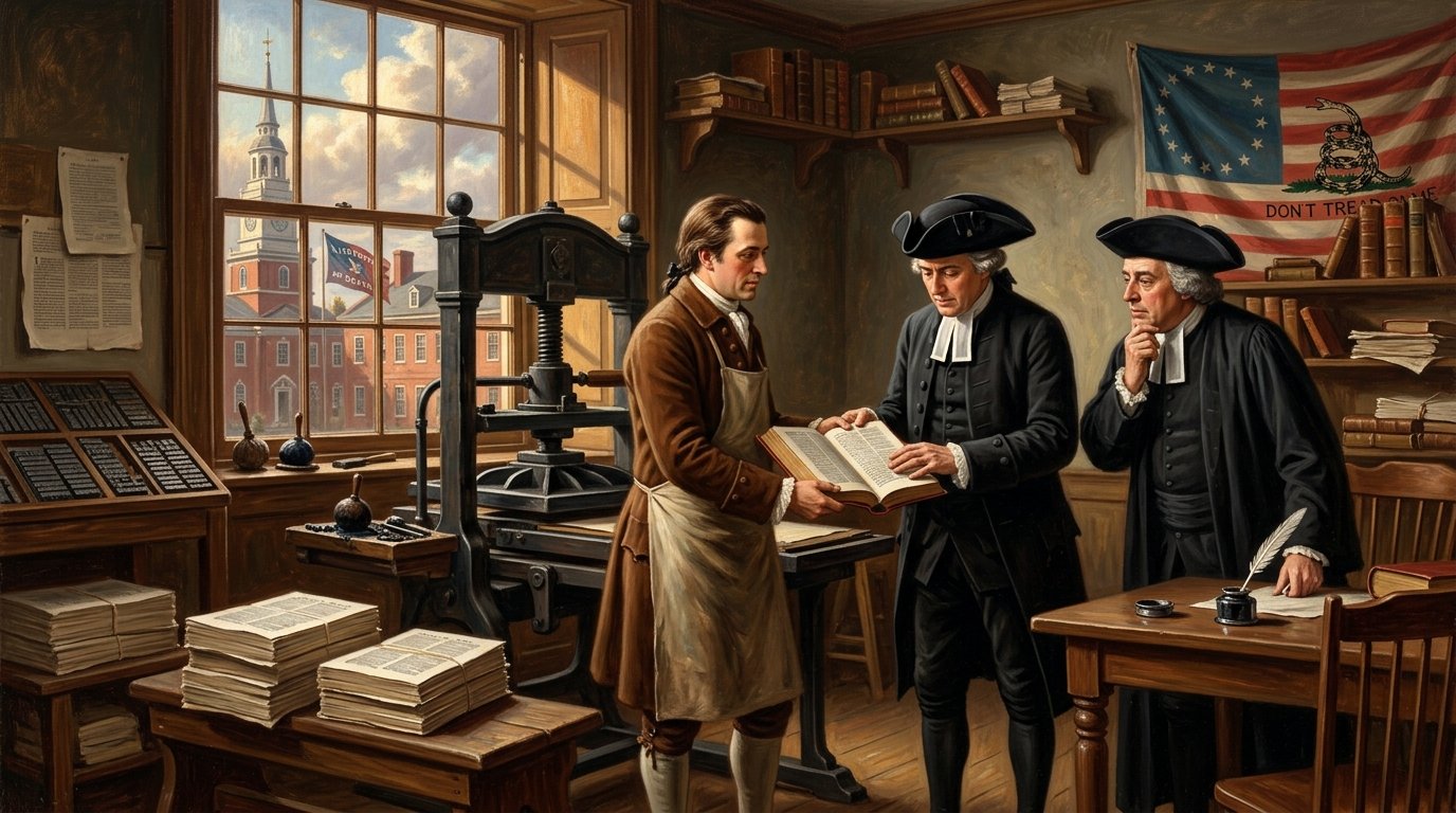 Historical oil painting of Philadelphia printer Robert Aitken presenting the 1782 Bible of the Revolution to Continental Congress chaplains
