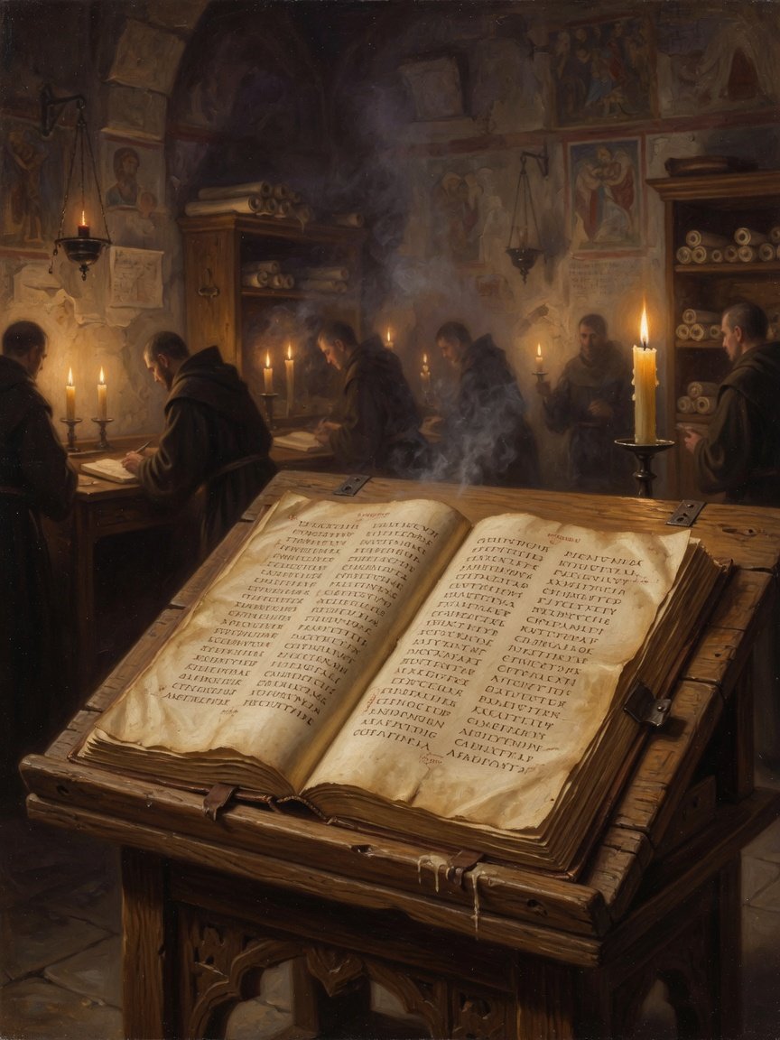 An ancient codex open on a lectern in a scriptorium