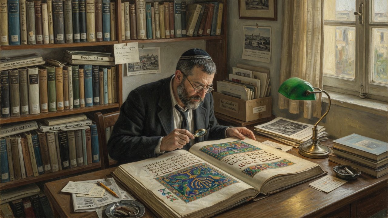 Oil illustration of a Jerusalem art historian studying Hebrew illuminated manuscripts