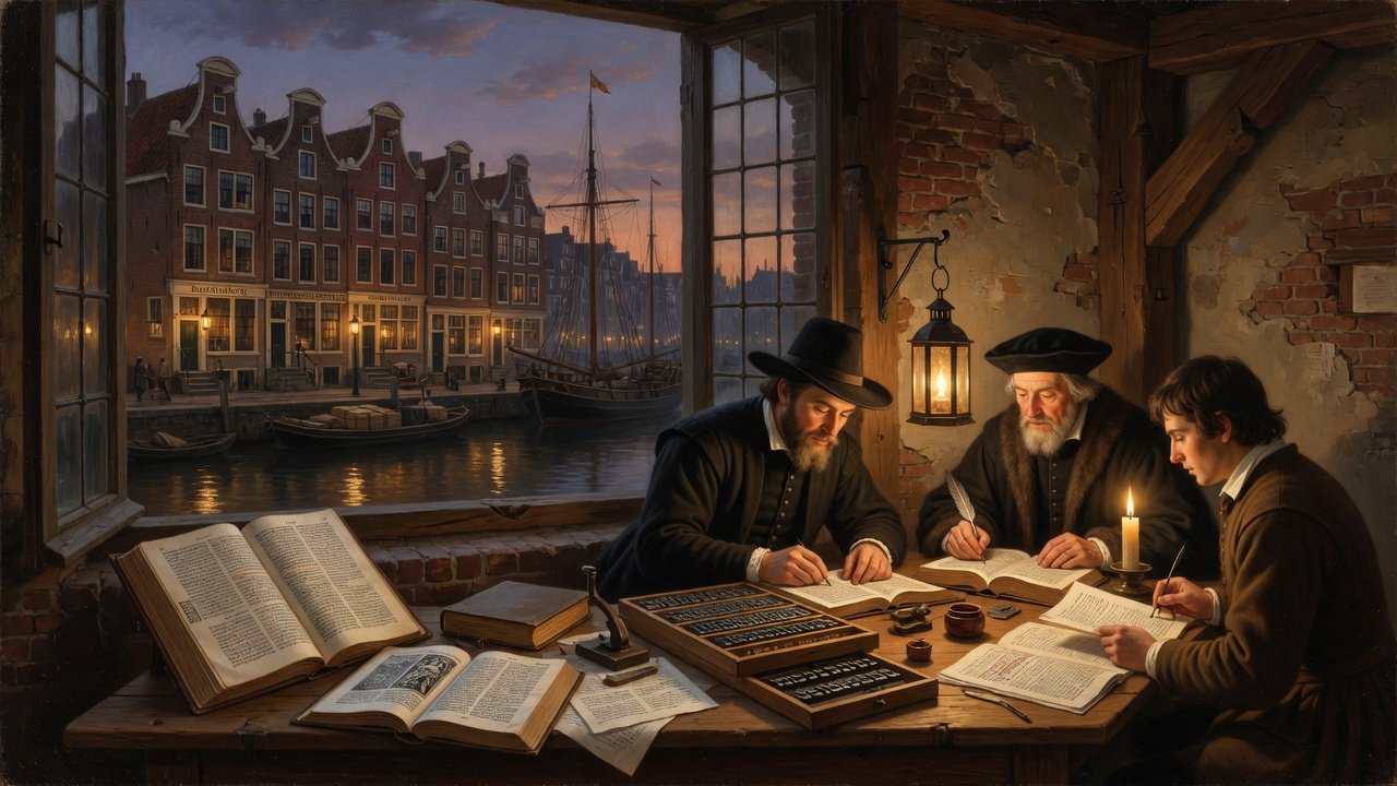 Oil painting of Amsterdam Golden Age Bible scholarship with Hebrew and Dutch books beside a canal warehouse window
