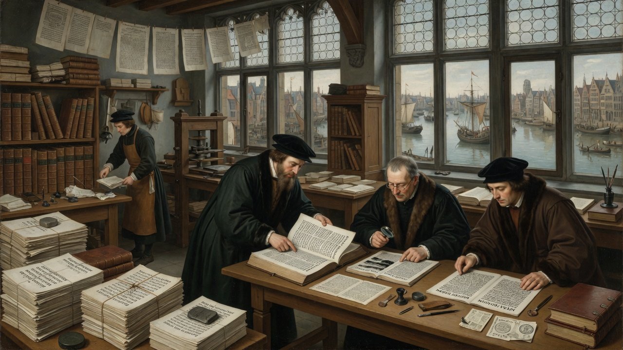 Oil painting of sixteenth-century Antwerp printing house with scholars studying polyglot Bible sheets