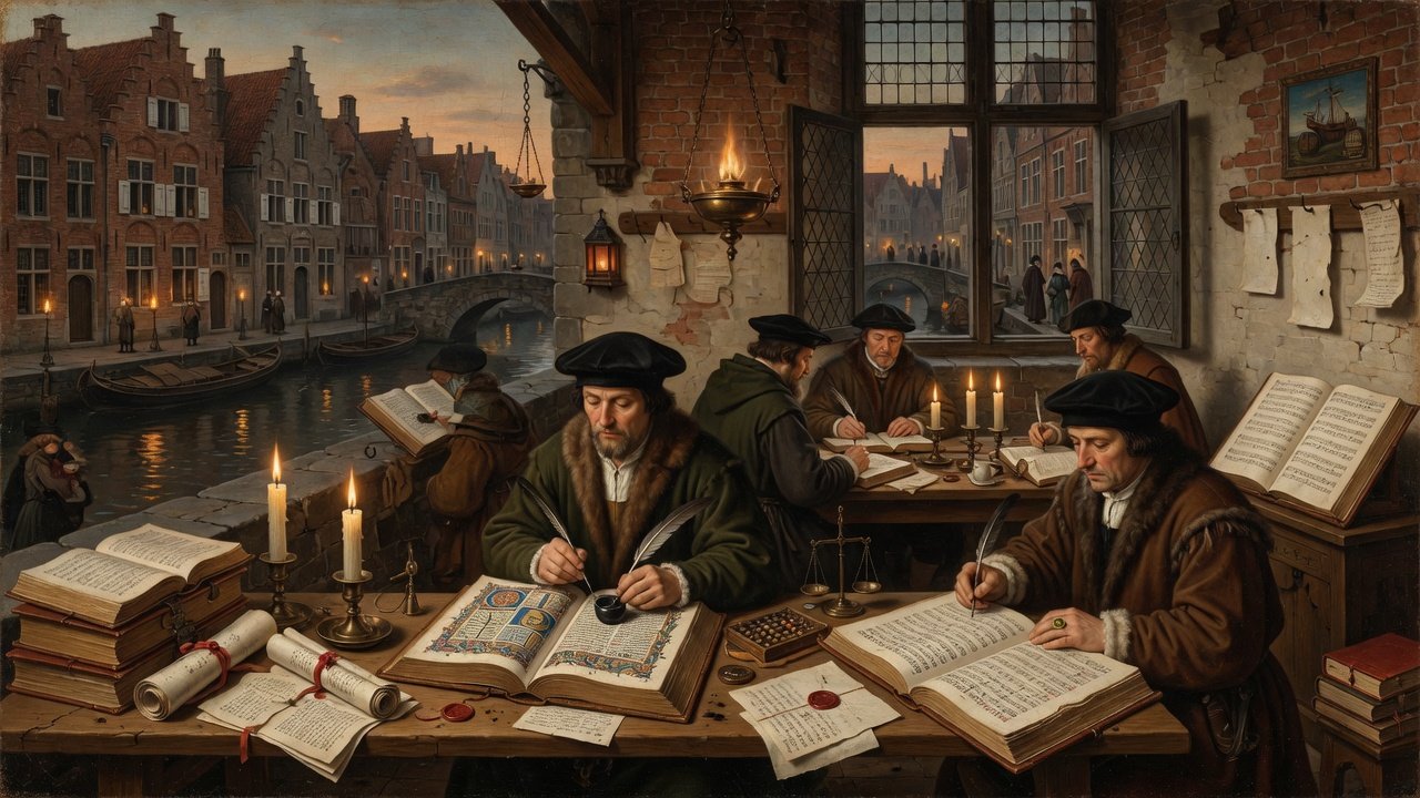 Oil painting of medieval Bruges with scribes and merchants studying Latin Bibles in a brick counting house by a canal