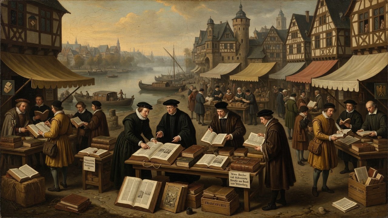 Oil painting of early modern Frankfurt book fair with scholars examining printed Bibles and Hebrew books
