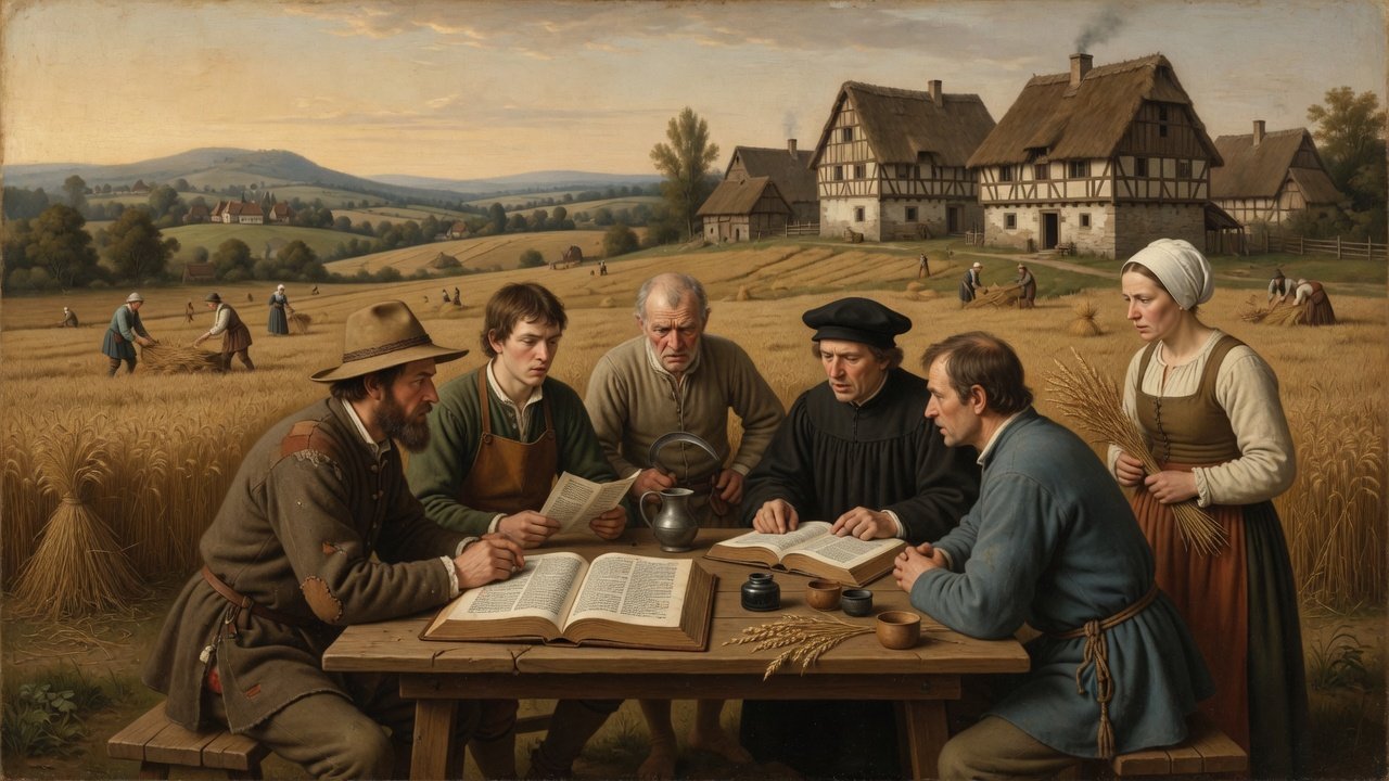 Oil painting of a sixteenth-century French study with open Bibles and pamphlets during the Wars of Religion