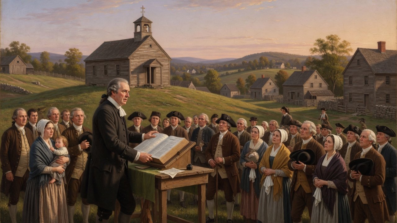Oil painting of a First Great Awakening open-air revival meeting in early eighteenth-century colonial America, preacher at a wooden lectern with an open English Bible