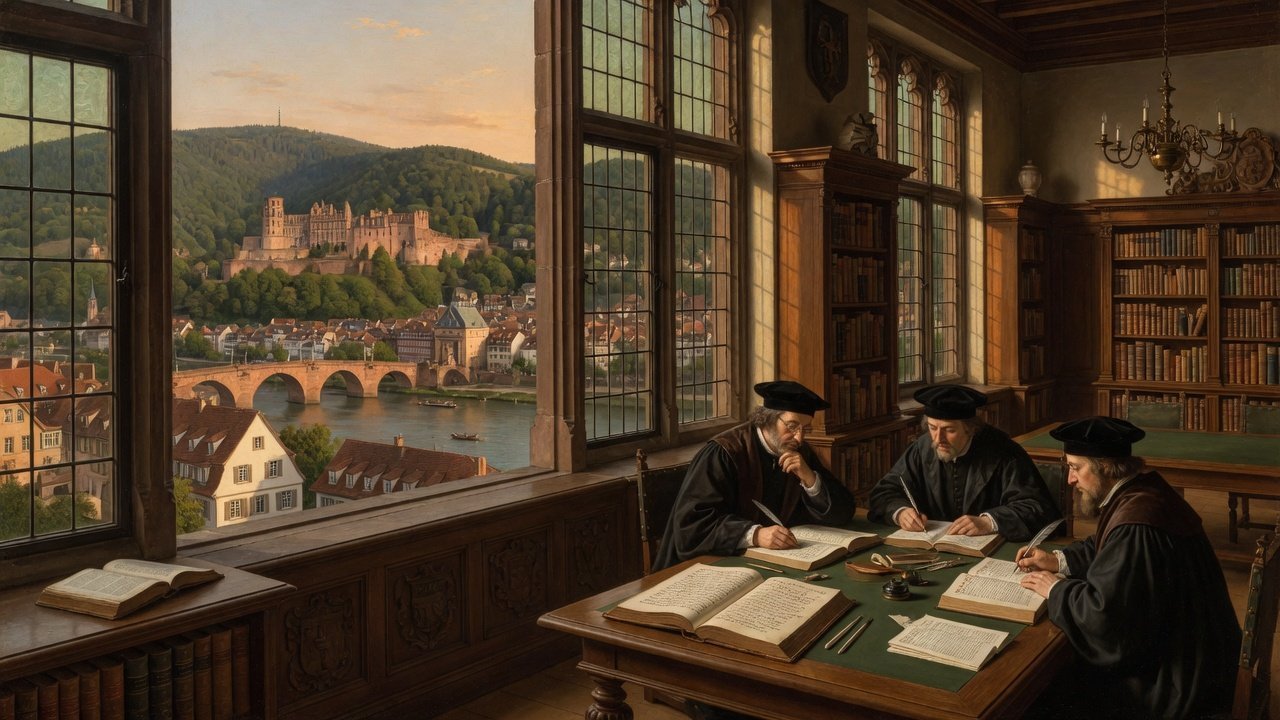 Oil painting of Heidelberg university scholarship with Hebrew and Greek books by a window toward castle and river