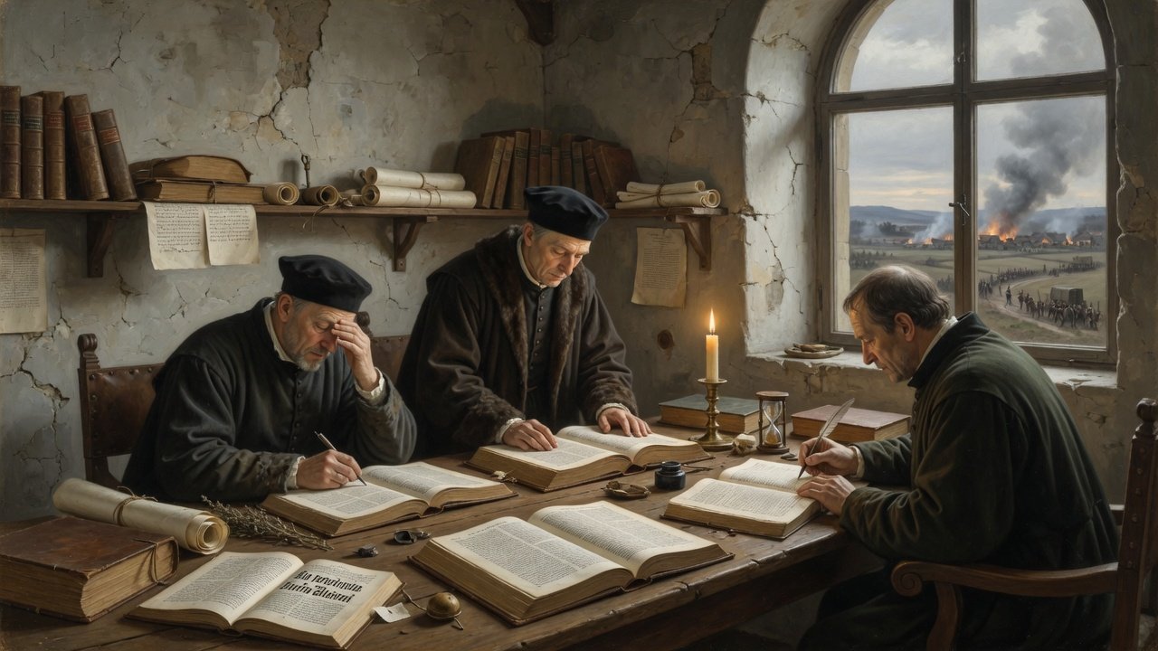 Oil painting of 1520s German villagers and scholars gathered around an open early printed German Bible