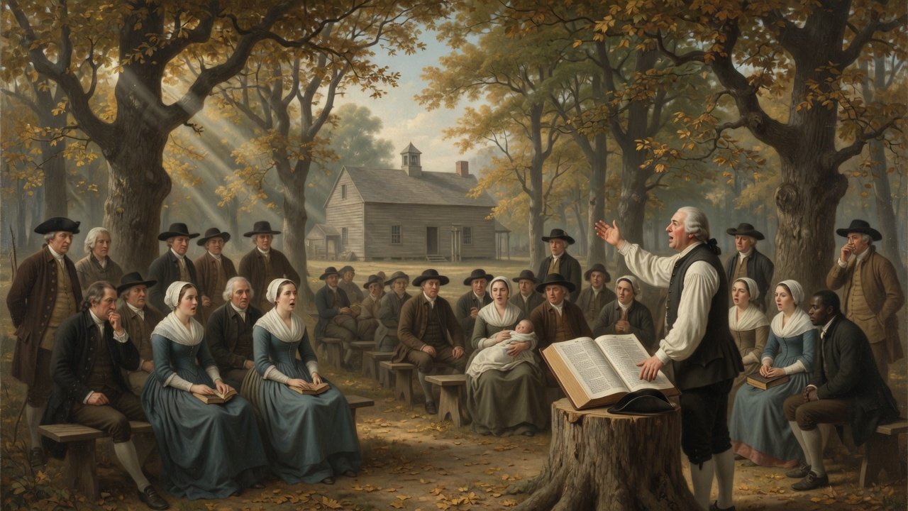 Oil painting of scholars with open Bibles in a war-damaged Central European library during the Thirty Years War