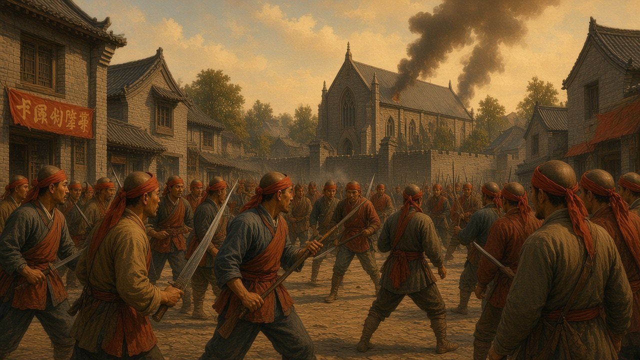 Boxer fighters with red sashes and headbands carrying swords and spears before the grey walls and gate tower of Beijing in summer haze, with smoke rising from a burning mission church beyond the wall