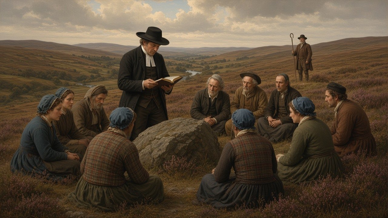 A field preacher reading from a Bible to a conventicle gathered around a stone on a Scottish moor, with a watchman on the hill