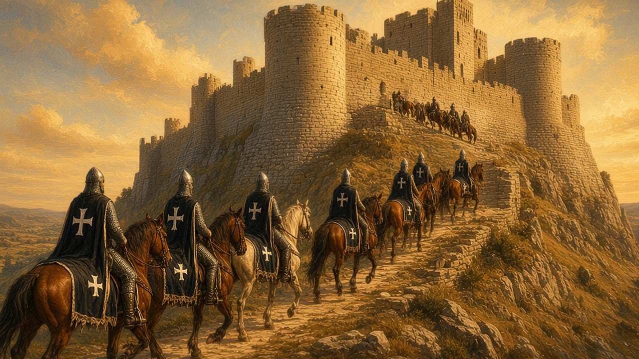 A great crusader castle on a ridge with concentric walls and round towers, Hospitaller knights in black mantles with white crosses riding up the ramp