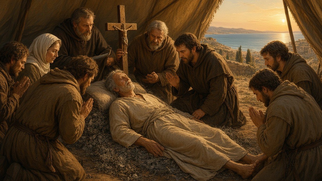 The dying Louis IX lying on a bed of ashes in a tent at Carthage, a crucifix held before him, attendants kneeling and the Tunisian coast beyond the tent flap